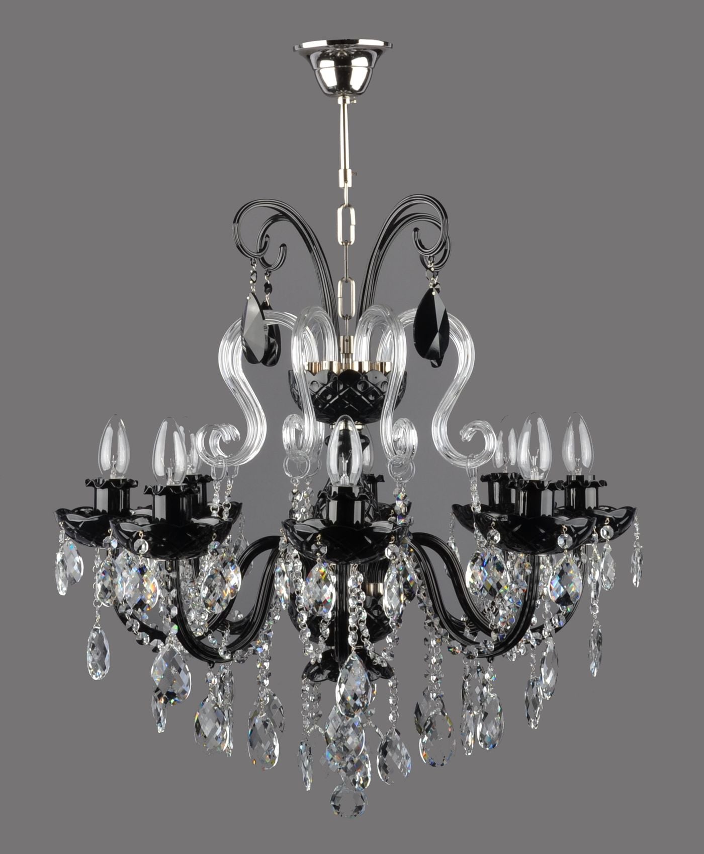 CROWN chandelier with 8 glass arms and hand-shaped glass components, black and crystal — Polished nickel