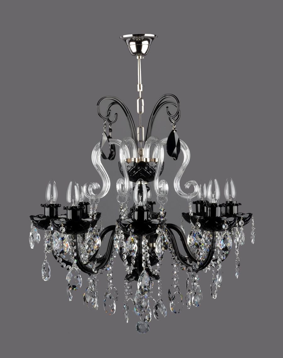 CROWN chandelier with 8 glass arms and hand-shaped glass components, black and crystal