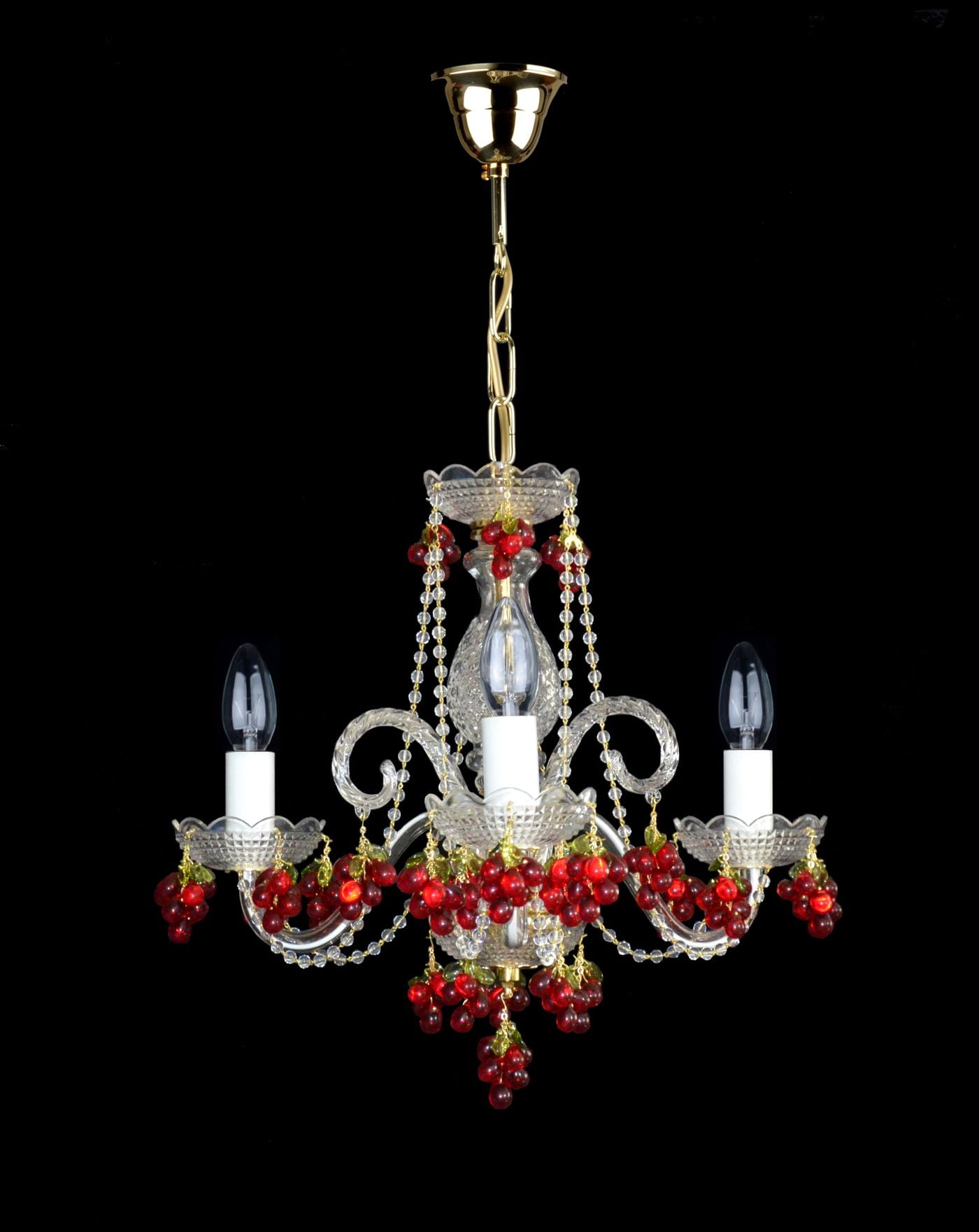 BERRY chandelier with 3 glass arms and handmade coloured glass grape motifs — Polished brass