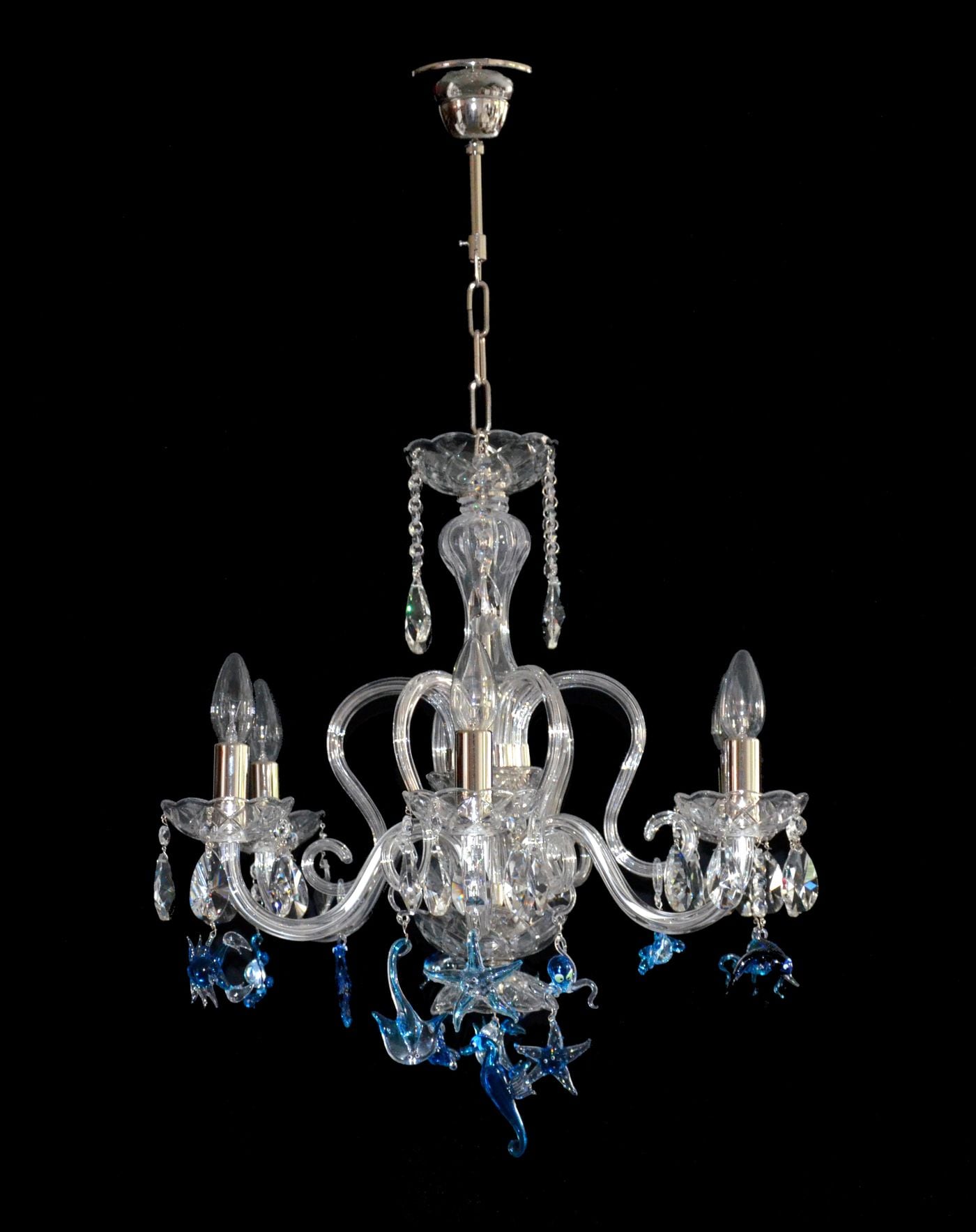 OCEAN chandelier with 6 glass arms and handmade figurines of sea life — Polished nickel