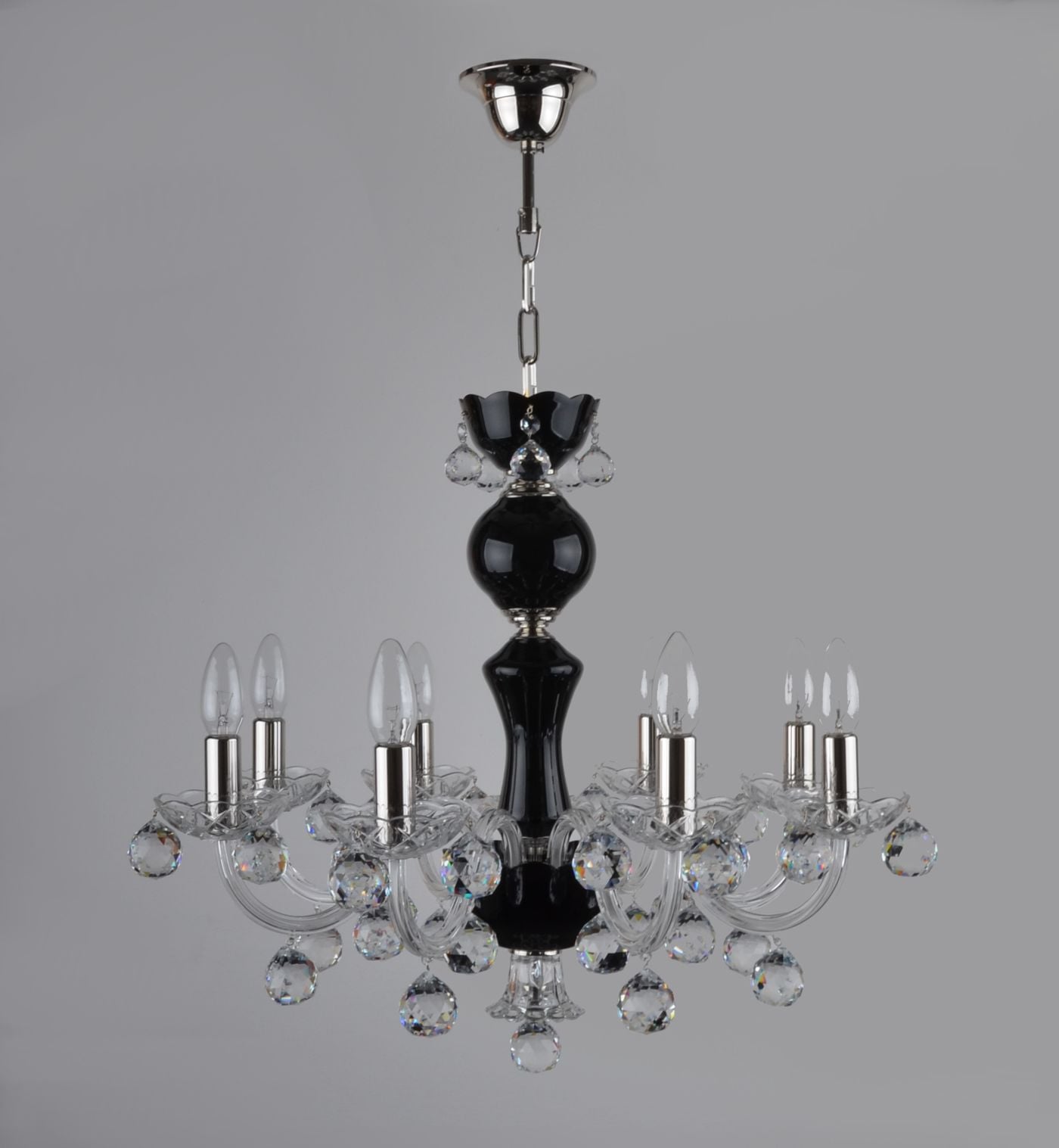 RAY chandelier with 8 glass arms and black glass components — Polished nickel