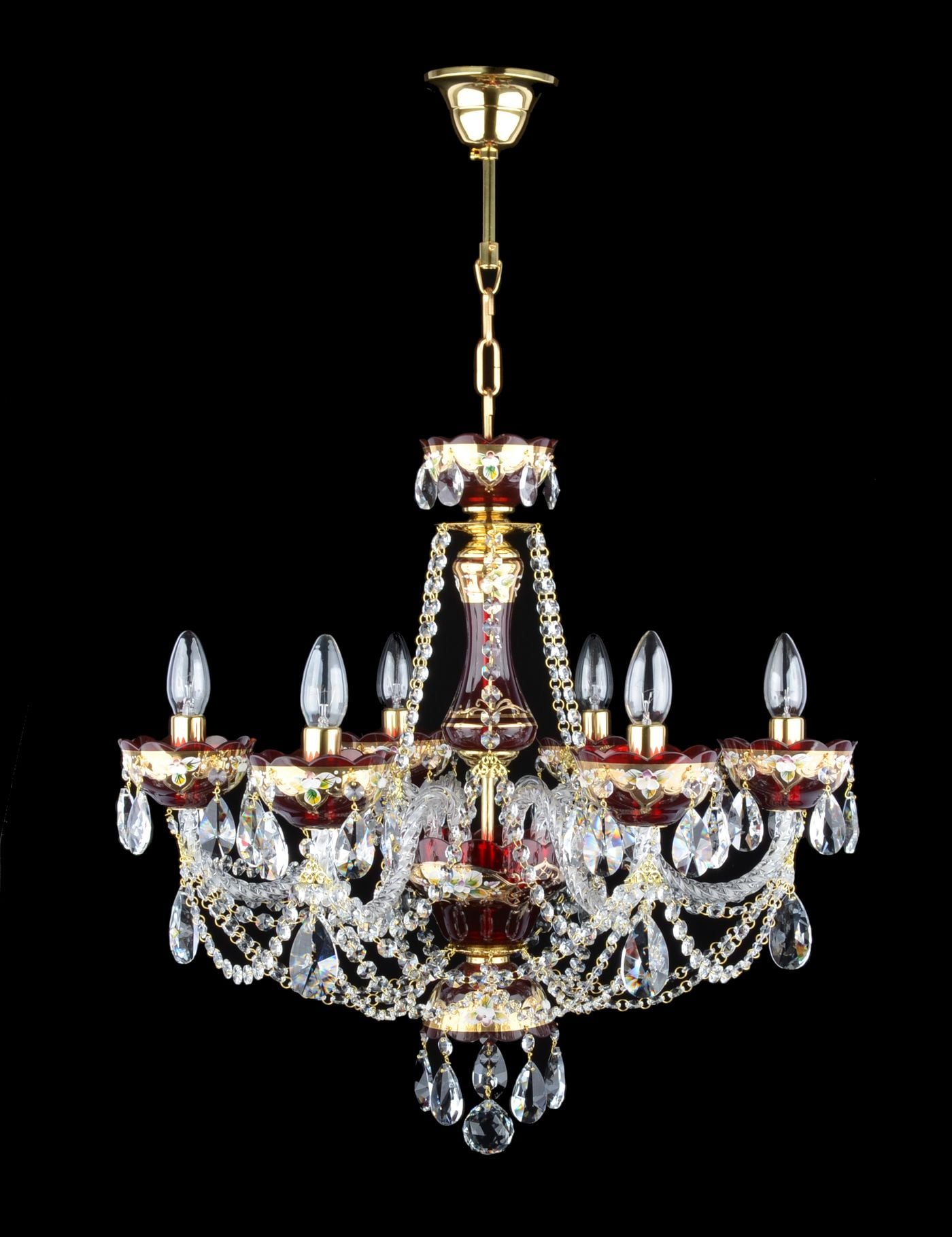 MAJESTIC enamel chandelier with 6 glass arms hand-painted with a high-quality enamel — Polished brass