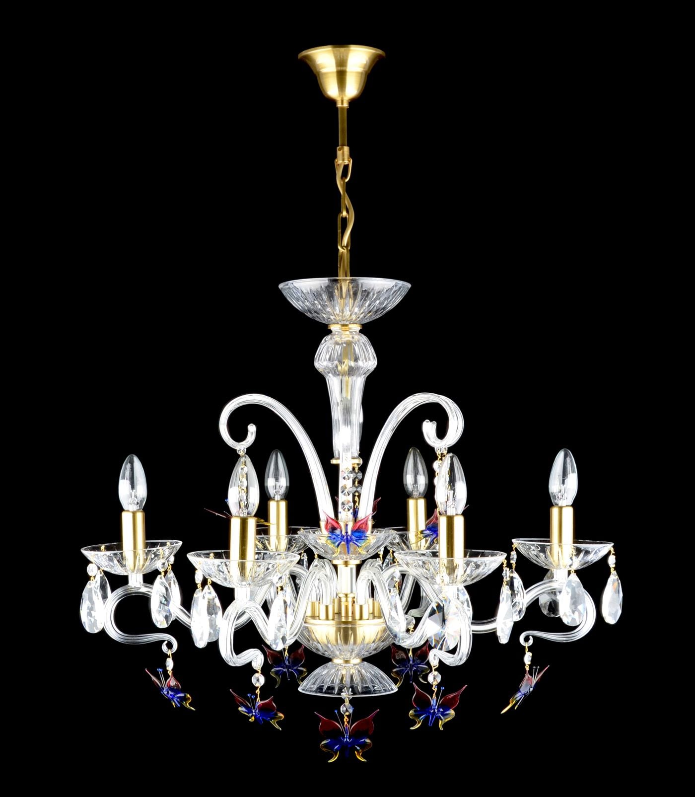 BUTTERFLY chandelier with 6 glass arms and handmade butterly figurines — Brushed brass