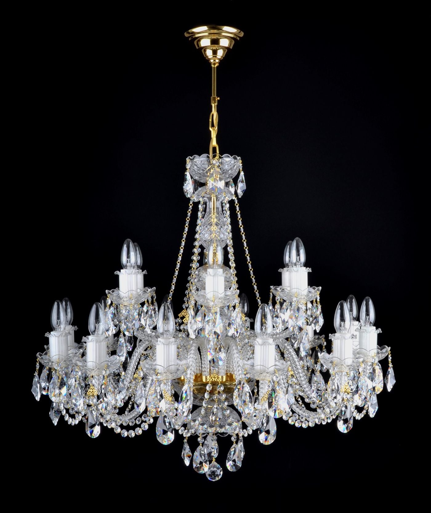 ROYAL double-tier chandelier with 12+6 glass arms decorated with almond-shaped droplets — Polished brass