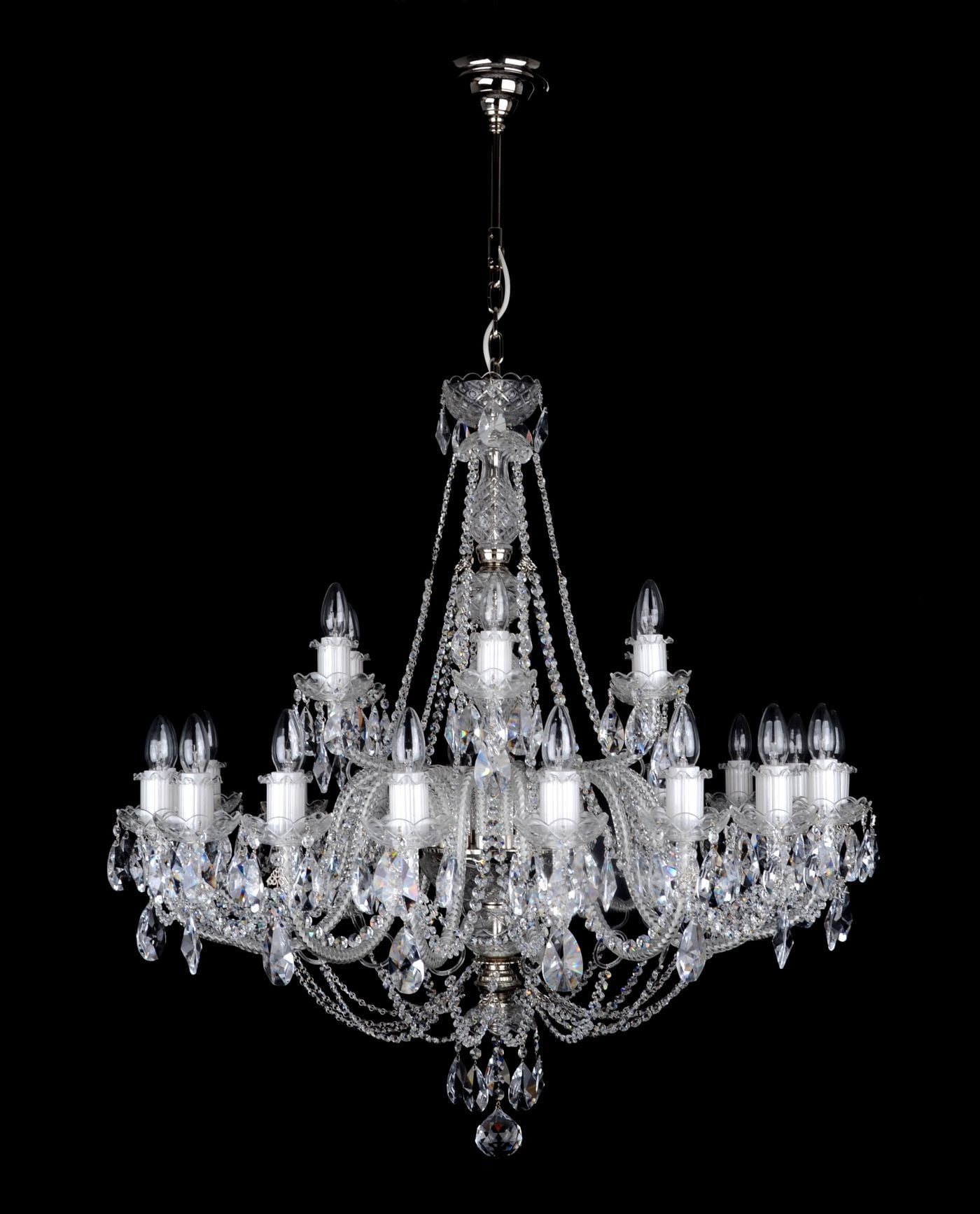 ROYAL double-tier chandelier with 18+6 glass arms decorated with almond-shaped droplets — Polished nickel