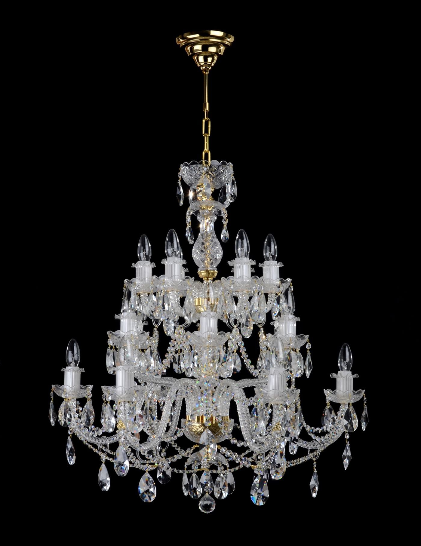 ROYAL lampadario a tre piani con 6+6+6 bracci in vetro e gocce a mandorla — Ottone lucido