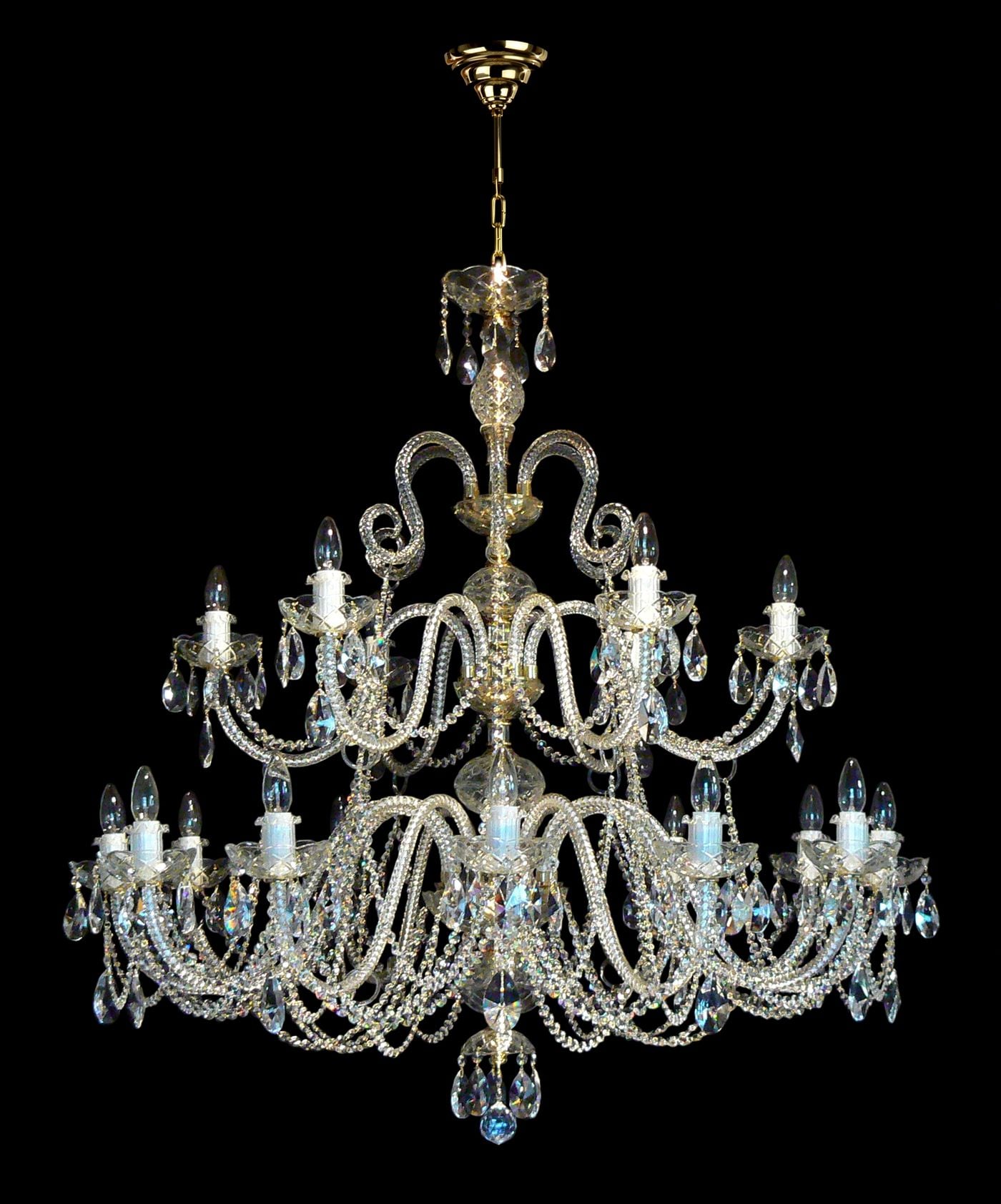 SPARKLE tolags lysekrone med 12+6 glasarme og glasstøtter — Poleret messing