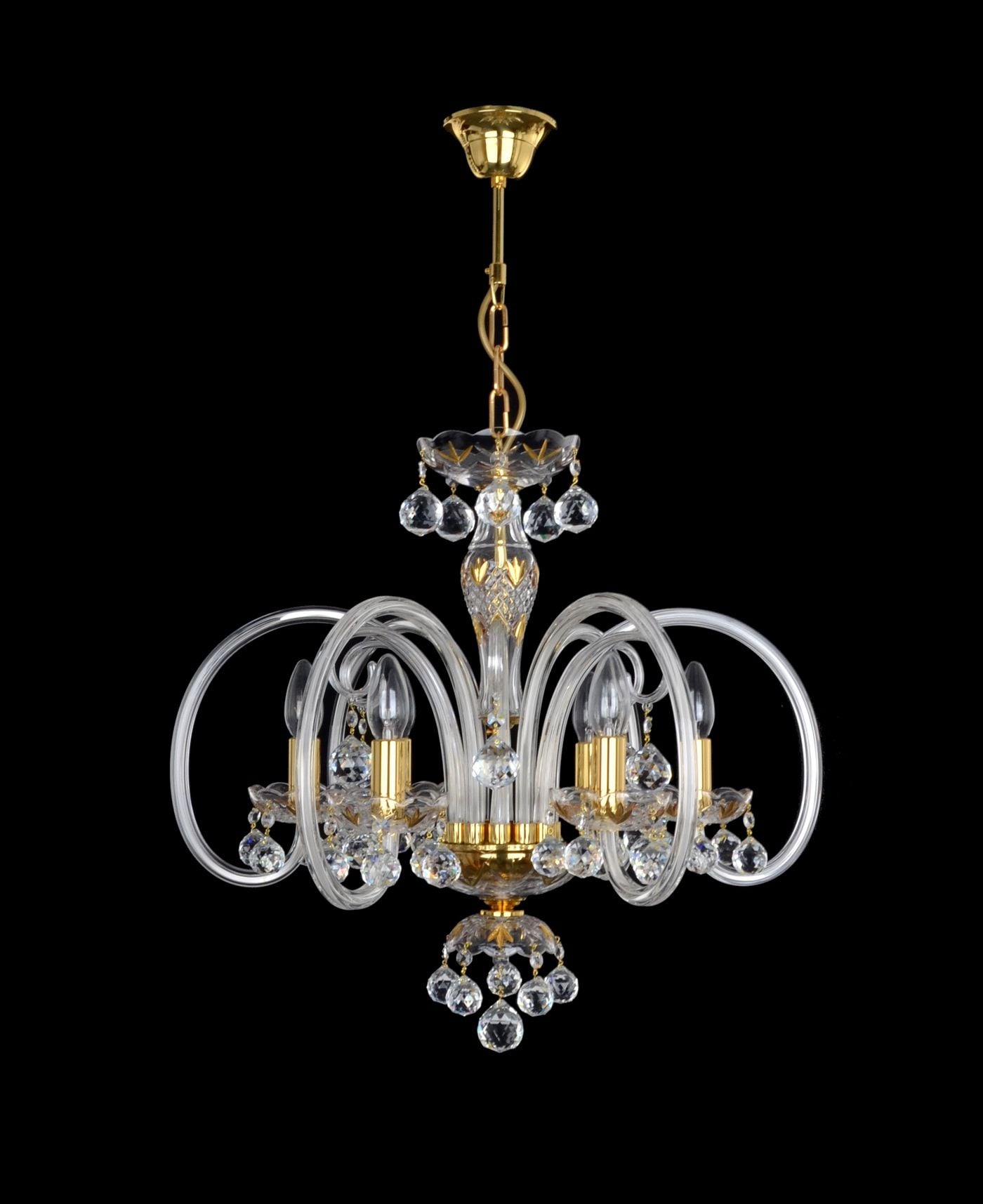 AMBROSIA chandelier with 6 glass arms and hand-golded glass components, ball-shaped droplets — Polished brass