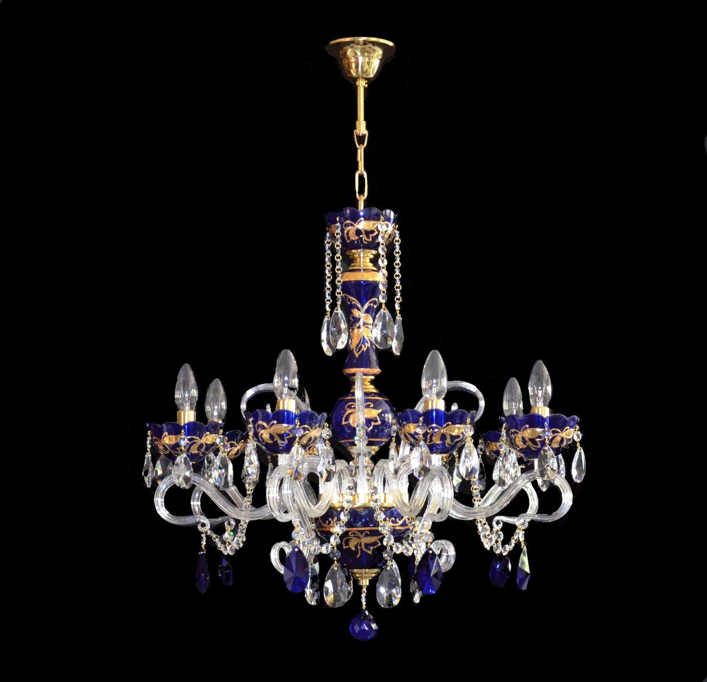 LEAF enamel chandelier with 8 glass arms hand painted with leaf relief — Polished brass