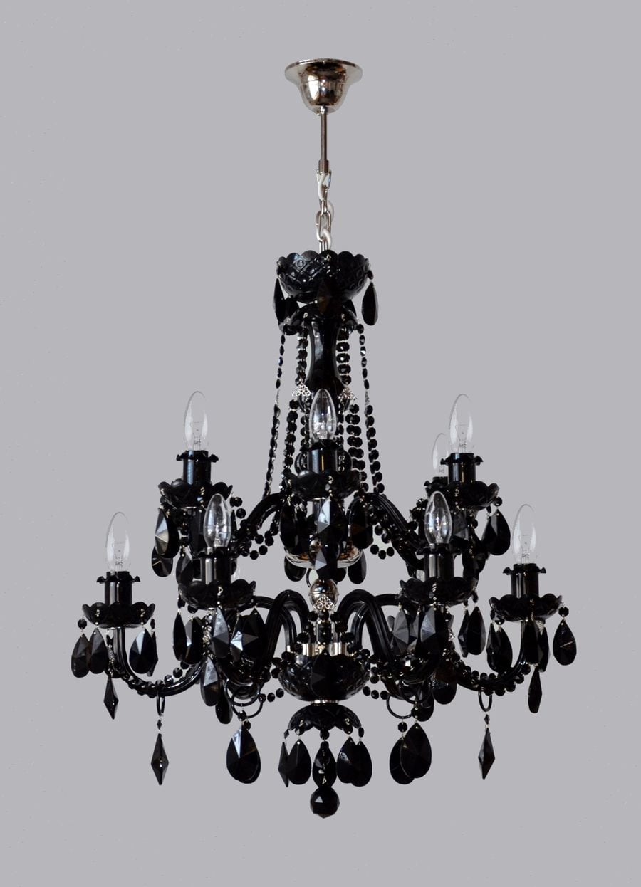 SOFIA two-tier chandelier with 6+6 glass arms richly decorated with almond-shaped droplets, coloured — Brushed brass