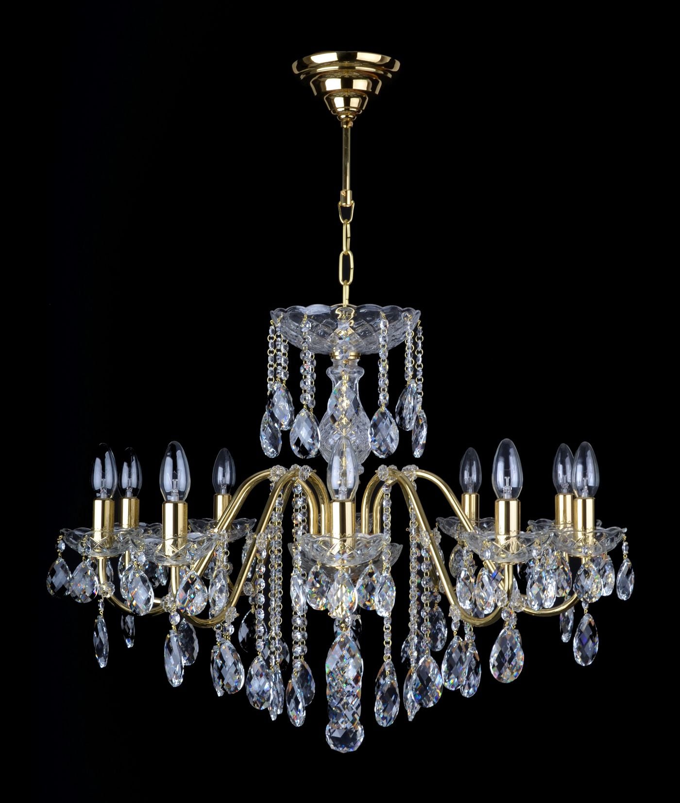 LONDON lampadario con 10 bracci in metallo e gocce a lacrima — Ottone lucido