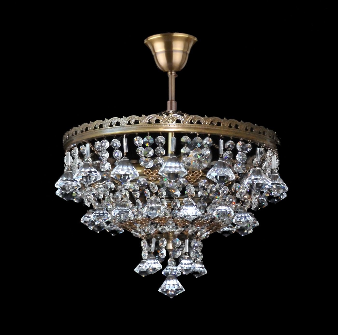 STONE smaller chandelier with 3 bulbs and diamant-shaped droplets — Antique brass 