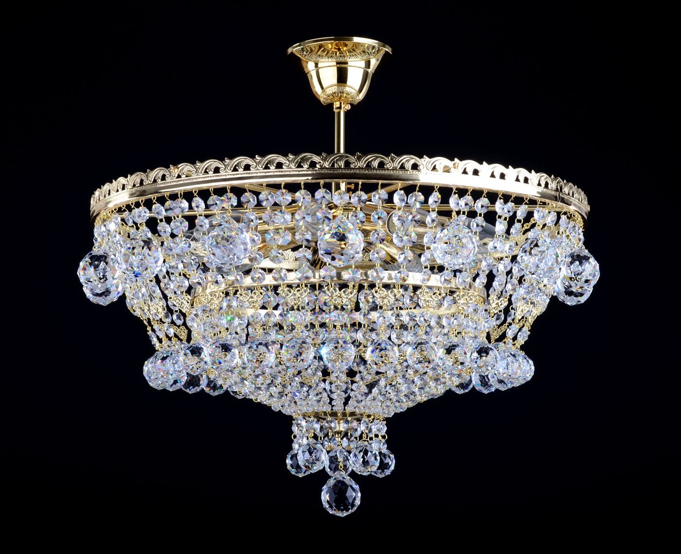 STONE basket chandelier with 9 bulbs and ball-shaped droplets — Polished brass