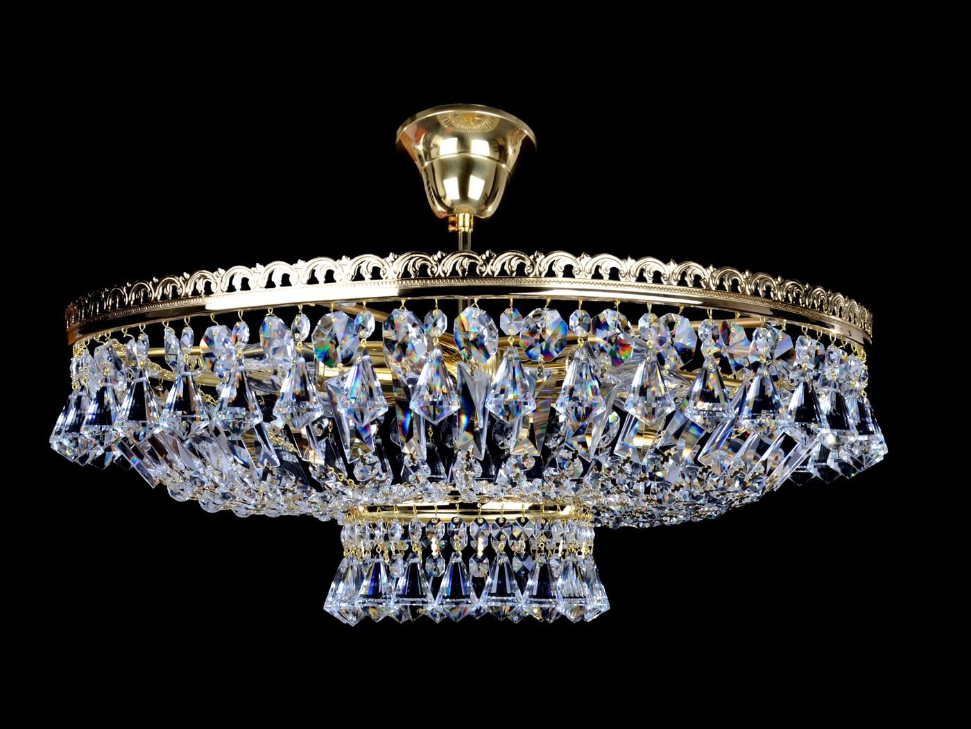 HORIZON più grande lampadario a cesto a 6 luci e gocce a piramide — Ottone lucido