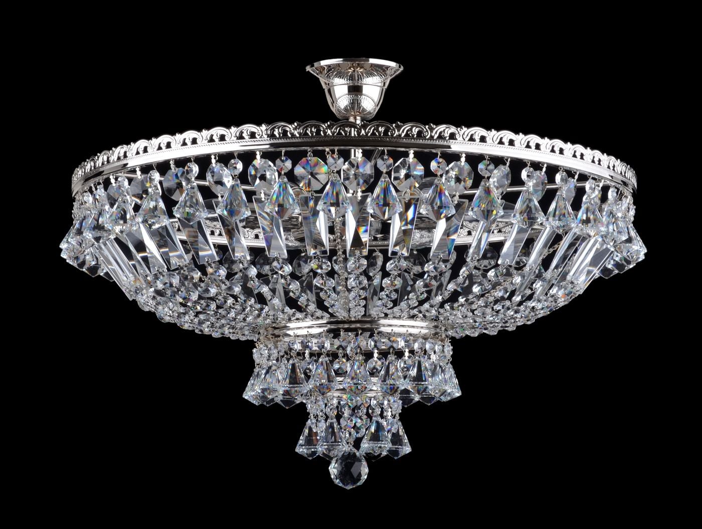 BOSTON larger basket chandelier with 6 bulbs and pyramid-shaped droplest — Polished nickel