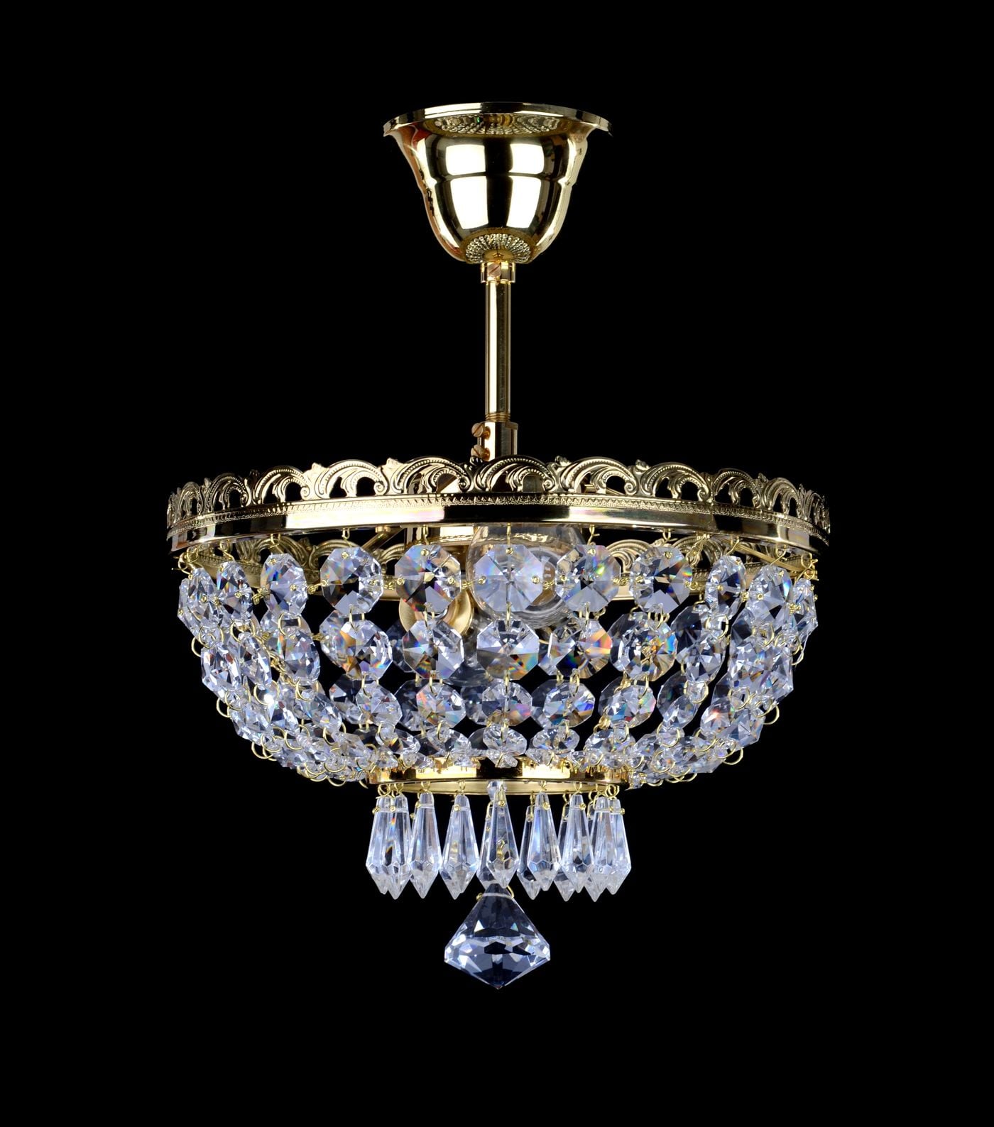 PHOENIX smaller basket chandelier with 2 bulbs and arrow-shaped droplets — Polished brass