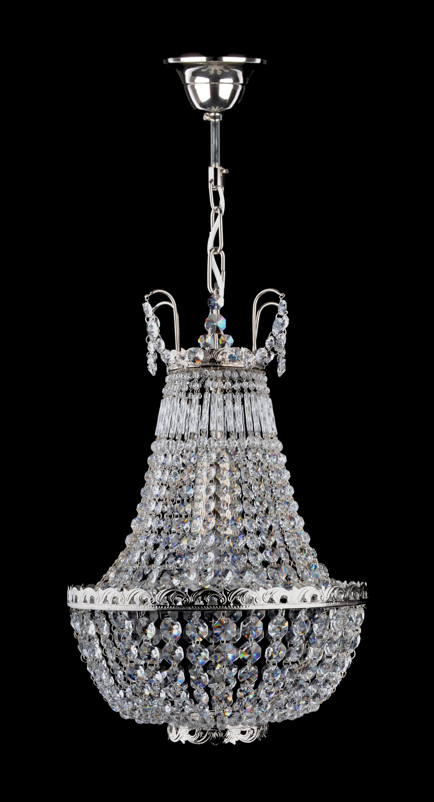 OMAHA smaller basket chandelier with 1 bulb and top metal crown — Polished nickel