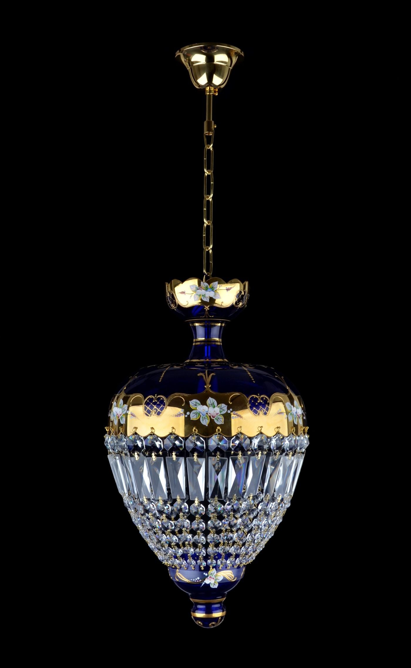LURE pendant enamel chandelier with 1 bulb with flower motifs — Polished brass